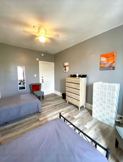 Interior view of a resident room with two beds