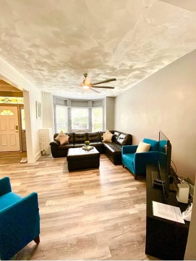 Bright and cozy common area with seating