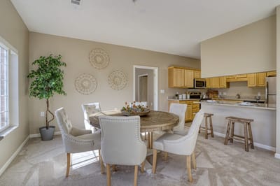 Bright common area with a dining table and decor