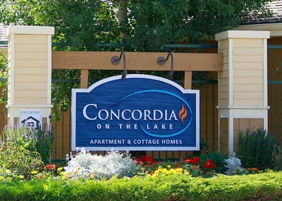 Sign for Concordia on the Lake with landscaping
