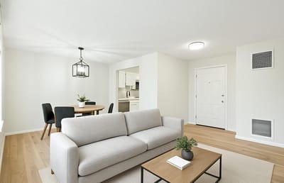 Modern interior living space with dining area