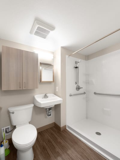 Accessible bathroom with shower and grab bars
