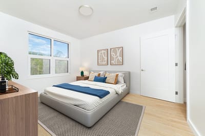 Modern, bright bedroom in a senior living facility