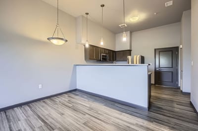 Interior view of a modern apartment kitchen