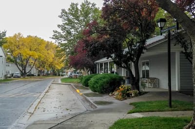Pathway lined with trees at Nellie Bechtel Apartments