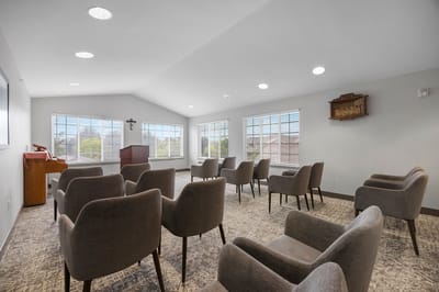 Bright interior common area with seating