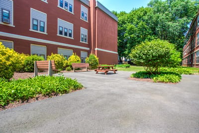 Outdoor seating area with benches and picnic table
