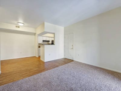 Empty apartment interior with carpet and kitchen view