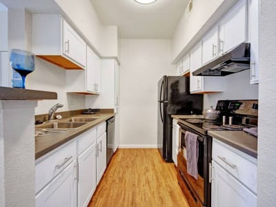 Modern kitchen interior with appliances and wooden flooring