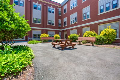 A sunny courtyard with benches and flowers