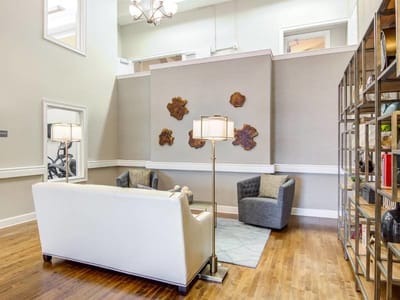 Bright lobby area with seating and decor