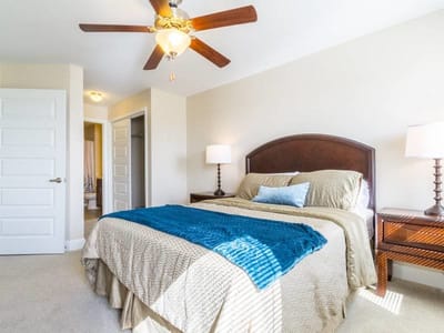 Bright interior view of a well-furnished resident room