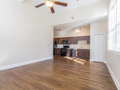 Spacious interior room with kitchen access