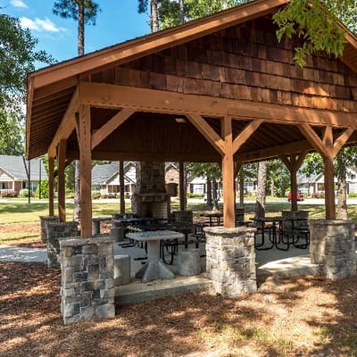 Outdoor gazebo with seating area in a senior living community