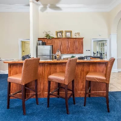 Interior view of a common area with bar stools