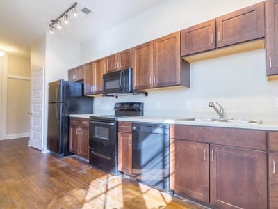 Modern kitchen interior with wooden cabinets