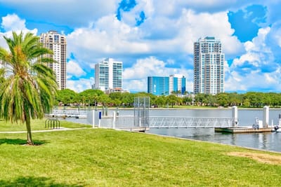 A scenic view of a lake with palm trees and buildings