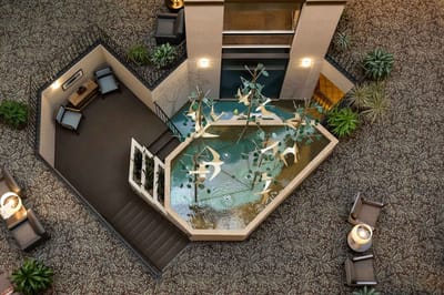 Aerial view of a beautifully designed common area with plants