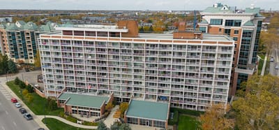 Aerial view of the senior living facility with balconies