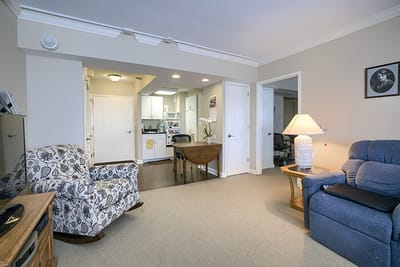 Cozy living area with kitchen in the background