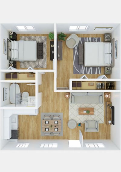 Architectural floor plan of a two-bedroom apartment.