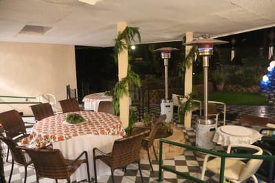 Outdoor dining area with tables and heaters