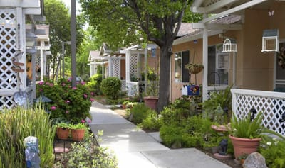 Pathway with flowers beside resident units