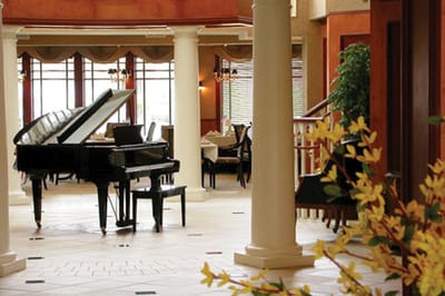 Elegant dining area with grand piano and flowers.