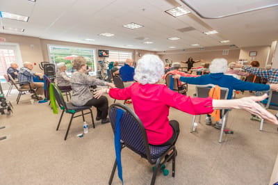 Seniors engaged in a seated exercise class