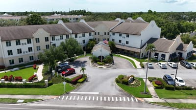 Aerial view of Arbor Terrace Citrus Park with landscaped entrance