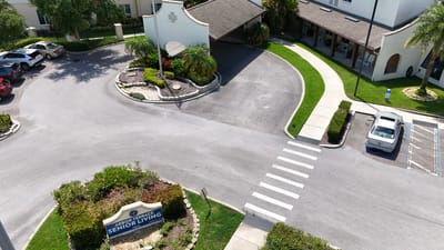 Aerial view of the entrance to a senior living facility