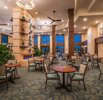Elegant dining area with tables and plants