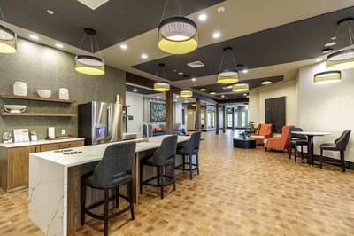 Bright and modern common area seating with decor