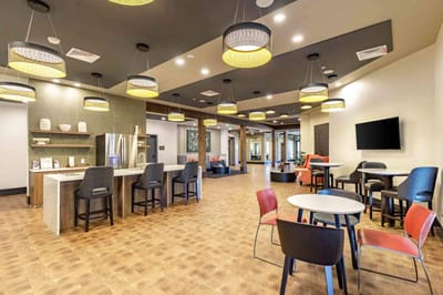 Interior view of a common area with seating and decor