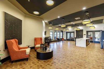 Bright and spacious common area with seating