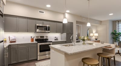 Modern kitchen interior with gray cabinets and granite countertops