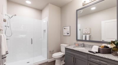 Modern bathroom interior with shower and sink