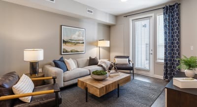 Brightly lit lounge area with comfortable seating