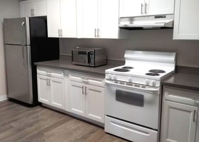 Modern kitchen setup with appliances and cabinetry