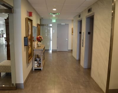 Hallway with elevators and decorative elements