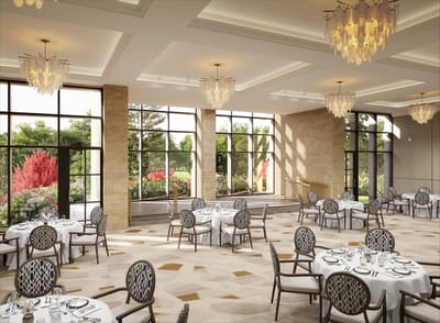 Elegant dining room with large windows and garden view