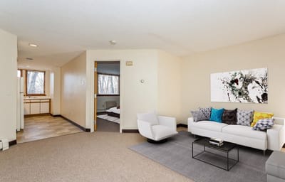 Bright common area with modern furniture