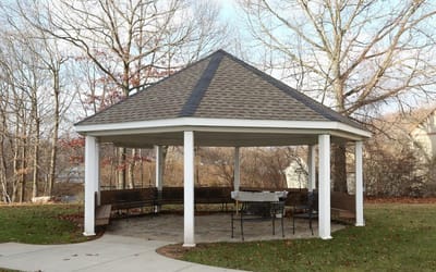 Outdoor gazebo in a landscaped area