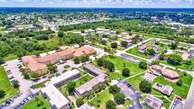 Aerial view of the assisted living facility and surrounding area.