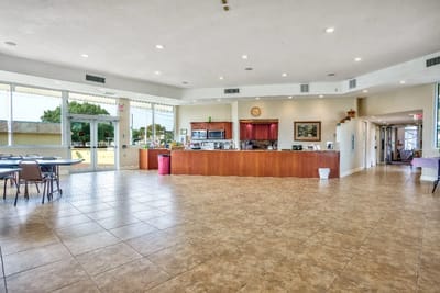 Bright and spacious common area with seating