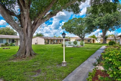 Lawn area with trees in a senior living facility