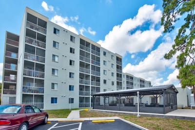 Exterior view of a multi-story residential building.