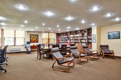 Interior view of a common area with seating.