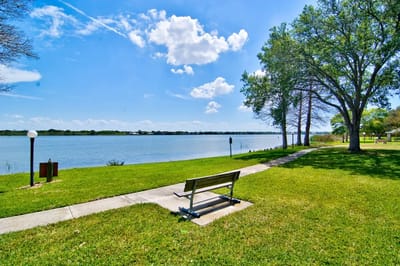 Scenic lakeside park with a bench