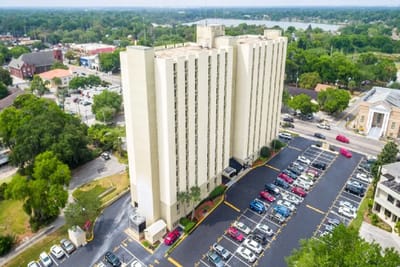 Aerial view of the facility with parking lot.